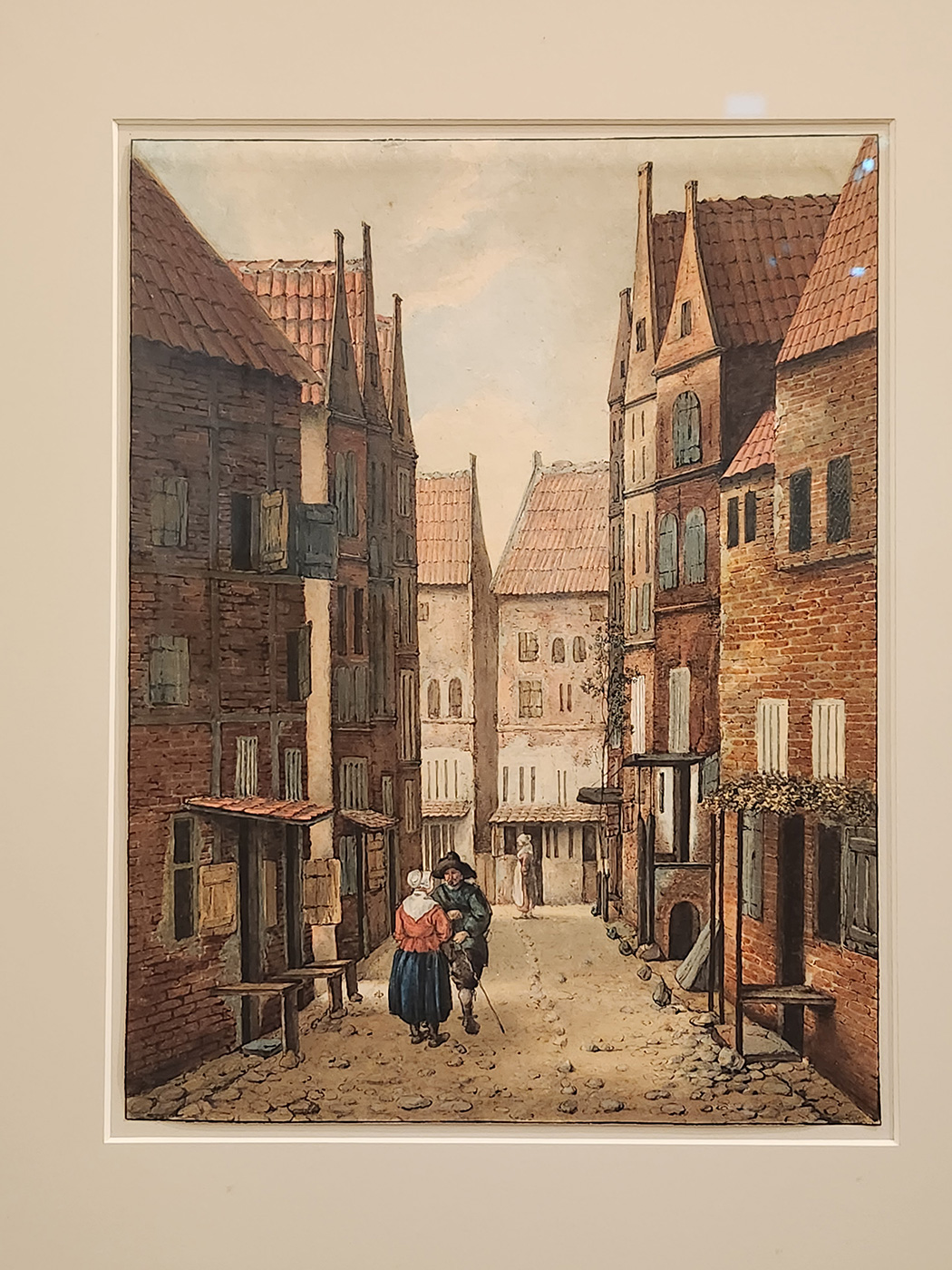 (3) Scène de rue, un homme et une femme discutant. Aquarelle sur papier d’Albertus Brondgeest pensant reproduire un Vermeer 360 x 273mm d’après un tableau de Jacobus Vrel. Delft Archives municipales.